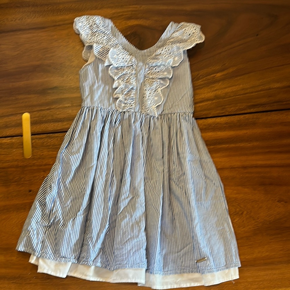 Blue Striped Kids Dress with Lace Detail